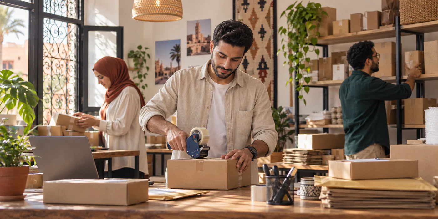 A small Moroccan team prepares orders in a warm working studio
