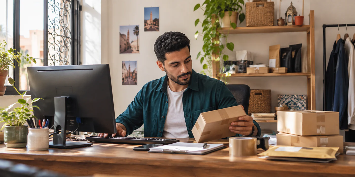 A Moroccan merchant manages orders from a compact, organised desk
